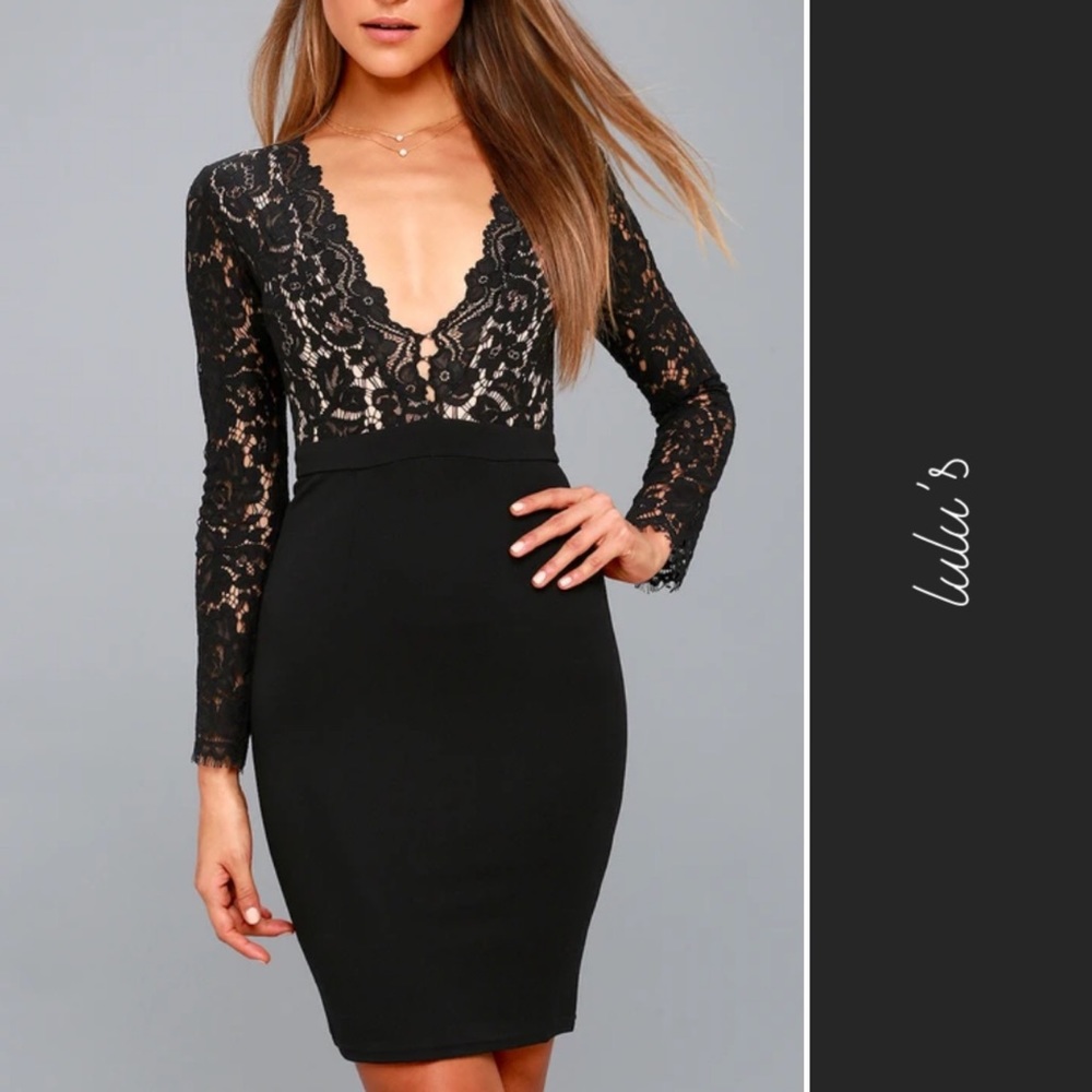 Lulu’s Long Sleeve Lace Plunge Cocktail Dress Black NWT • Small